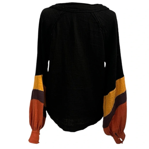 Fate Color Block Cotton Gauze Pullover V-Neck Balloon Long Sleeve Shirt Top S - Picture 4 of 14